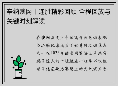 辛纳澳网十连胜精彩回顾 全程回放与关键时刻解读