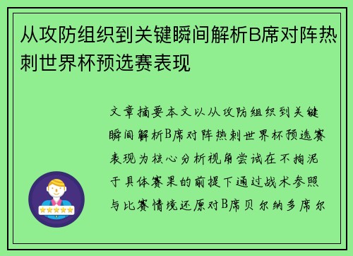 从攻防组织到关键瞬间解析B席对阵热刺世界杯预选赛表现