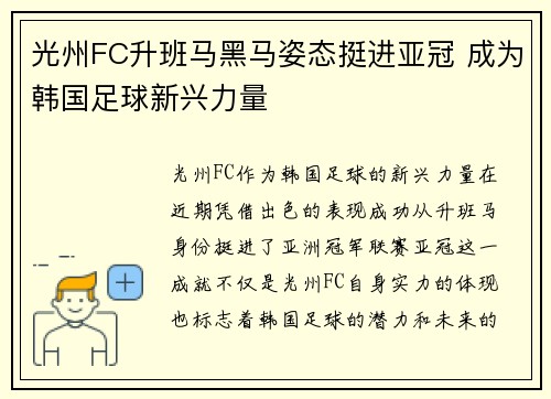 光州FC升班马黑马姿态挺进亚冠 成为韩国足球新兴力量